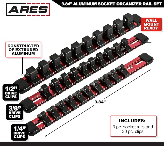 ARES 60079 Red Socket Rail | Part No. 60079; Includes 1/4-Inch, 3/8-Inch, and 1/2-Inch Drive Rails