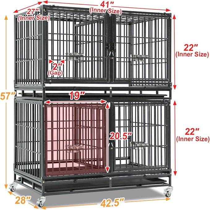 Homey Pet 43 inch Dog Crate Stackable Heavy Duty Dog Kennel Indoor, 2 Tiers | Dog Grooming Cage with Dual Front Doors, Auto Locks, Removable Grid & Tray, Wheels, Bowls, Ideal for Small and Medium Dogs