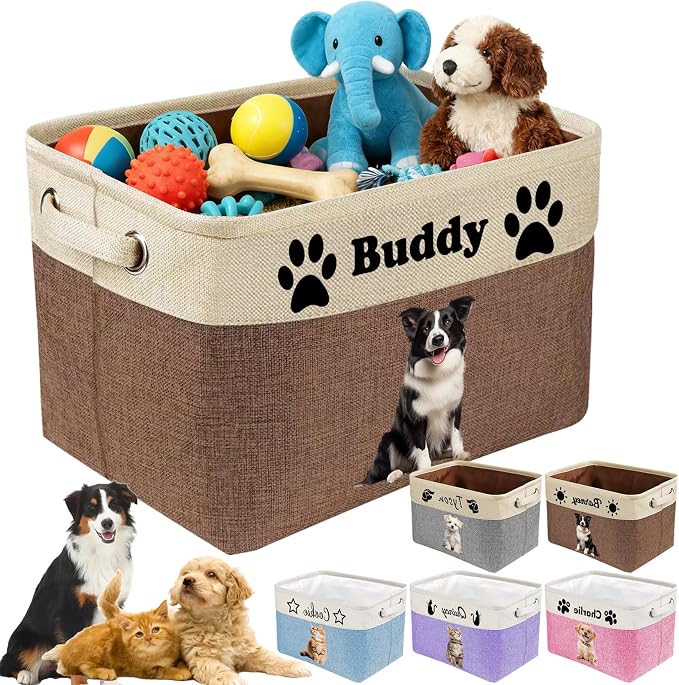 Personalized Dog Cat Toy Storage Basket with Photo & Name, Custom Collapsible Pet Organizer Bin with Handles for Toys, Clothes, Blankets & Pet Supplies