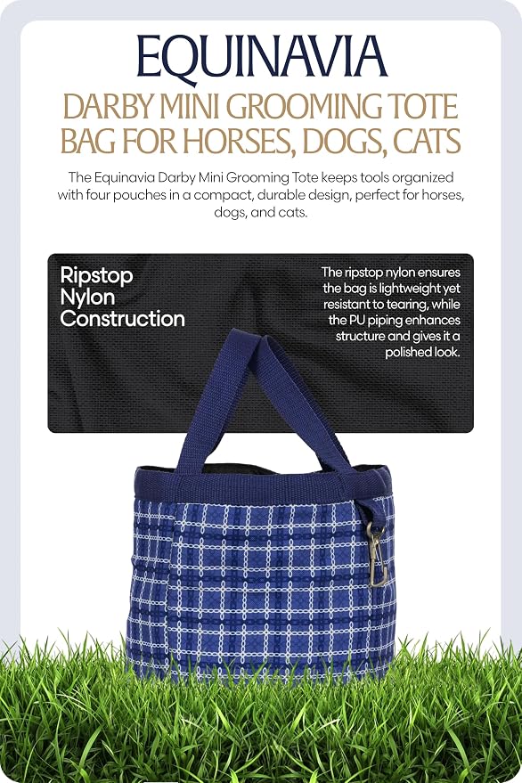Equinavia Darby Mini Grooming Tote Bag for Horses, Dogs, Cats | Riding Supplies Organizer with 8.75" x 8.75" x 8" Interior - Navy/Skipper Blue - One Size
