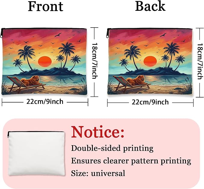 Chow Chow Dog Makeup Bag, Retro Coastal Beach Palm Tree Cosmetic Travel Pouch for Women Girls, Pet Portable Small Canvas Zipper Organizer 7x9 Inch