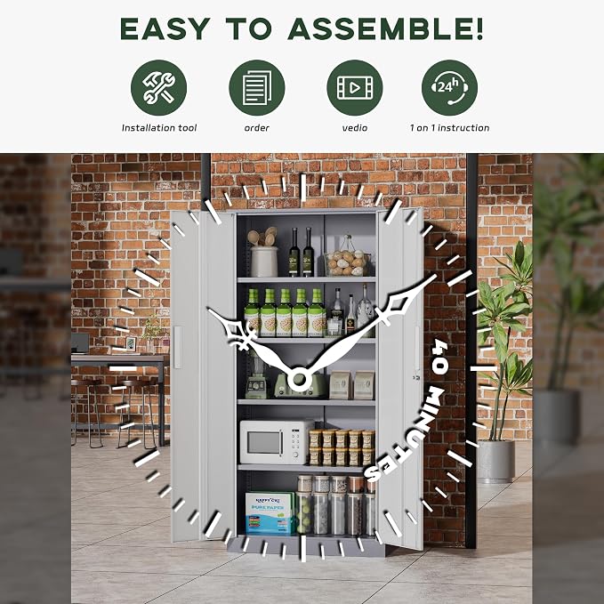 Greenvelly Metal Storage Cabinet, 72" Locking Metal Garage Storage Cabinet with Doors and 4 Adjustable Shelves, Lockable Steel Cabinet for Home Office, Garage, Shop, School (White Grey 32" W x 16" D)