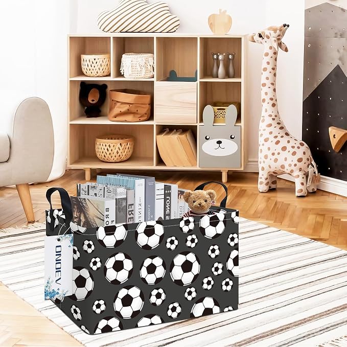Rectangular Soccer Ball Storage Bin,Closet Organizer Basket | Waterproof fabric, reinforced handles, foldable bin holds apparel, sports gear and belongings for teen‑boy bedrooms