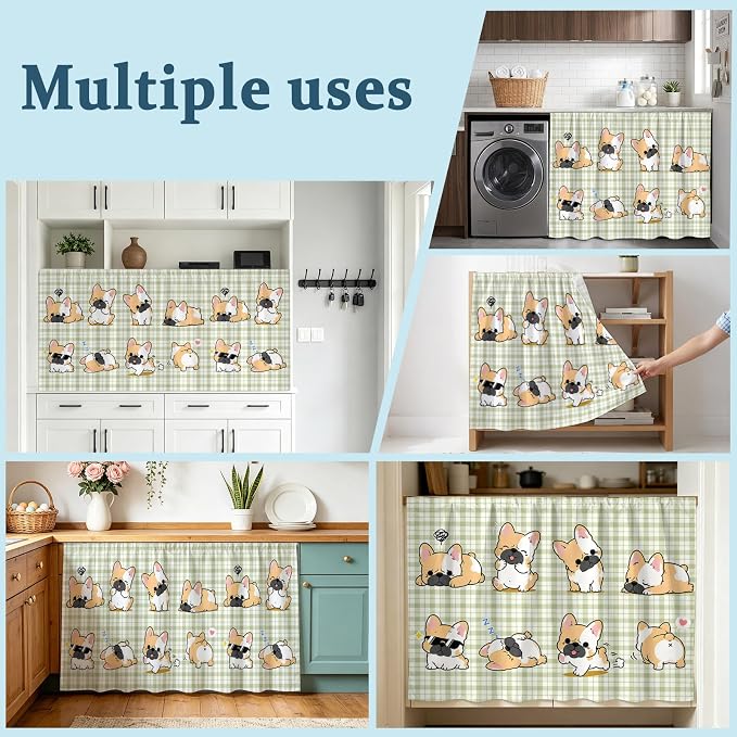 Cute Puppy Cabinet Curtains 28"x51" Sink Skirt for Bathroom Kitchen, Sage Green Plaid Modern Funny Dogs Pet Self Stick Adhesive Under Desk Covers Tall Laundry Cabinet Storage Organizer