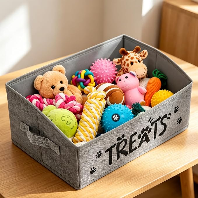 Pumtus Collapsible Dog Treat Container, Fabric Pet Food Box with Handle & Removable Divider, Countertop Cat Snack Storage Organizer, Large Pet Stuff Holder for Dog Treats Stick, Canned Food, Leashes