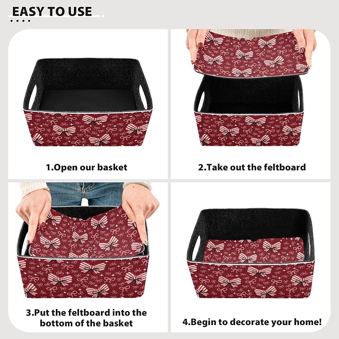 Emelivor Bow Knot Red Storage Basket Bins Set (2pcs) Felt Foldable Storage Bins with Fabric Rectangle Basket for Organizing for Laundry Room Organization