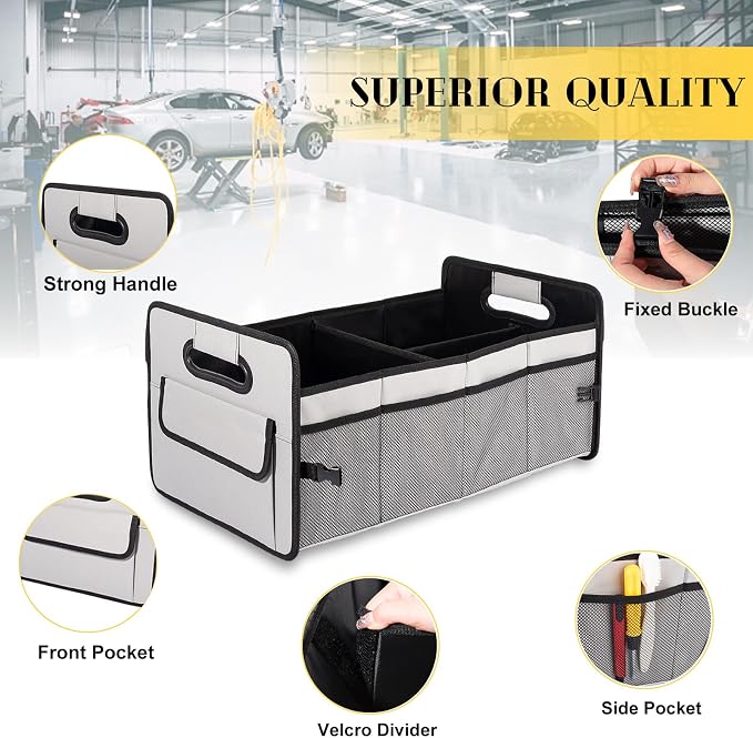 JiatuA Car Trunk Organizer, Collapsible Car Organizers and Storage Grey | Sturdy, Large Capacity, Clean Decor, Multi Compartment Container Box, Adjustable Car Accessories for SUV Sedan Truck