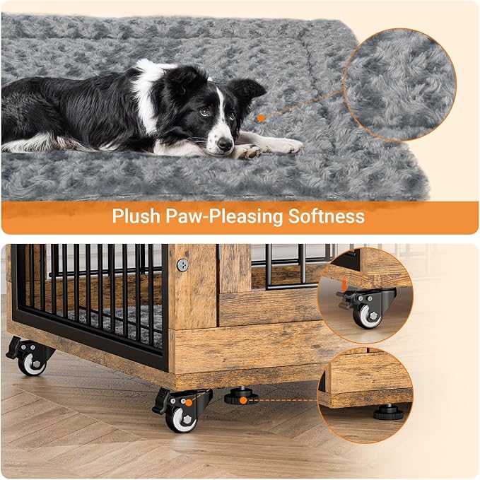 Large Dog Crate Furniture, 38'' Heavy Duty Wood Kennel w/Cushion & Wheels | Rustic Brown, Double Doors, Wooden Dog Cage, Chew-Resistant, End Table, Decorative, 27"/32"/38"/44" Options, Indoor
