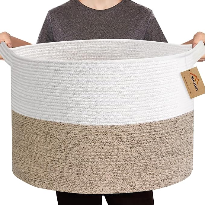 MEGASKET Large Rope Storage Basket, 22" X 22" X 14" Extra Large Woven Baskets for Storage, Cotton Rope Basket for Blankets Toys, Wicker Storage Baskets for Organizing, Wicker Laundry Basket Hamper
