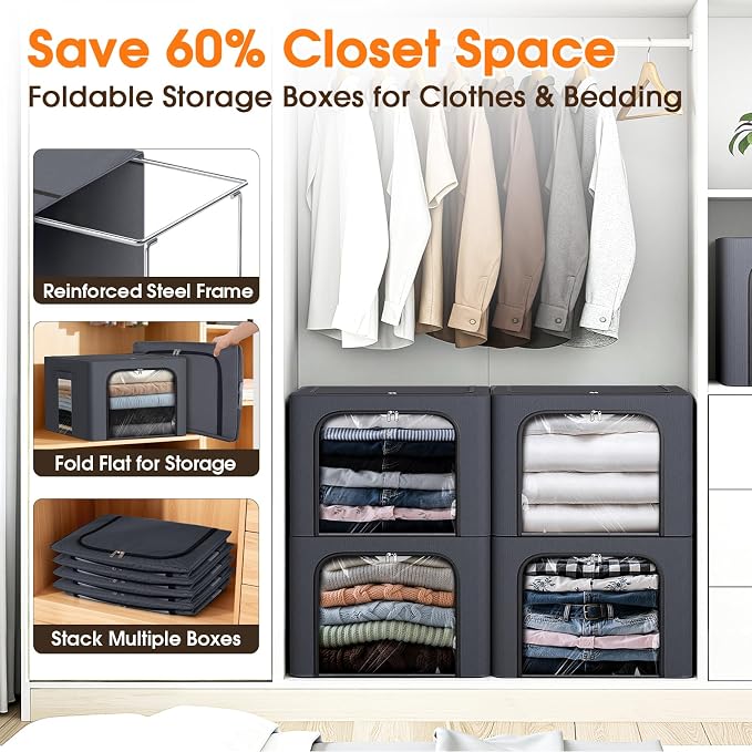 Metal Frame Clothes Storage Bins, Light Grey, 40L, 4 Pack | Foldable Storage Boxes with Clear Window, Front & Top Zipper Openings, Stackable Organizer with Handles for Closet & Bedroom