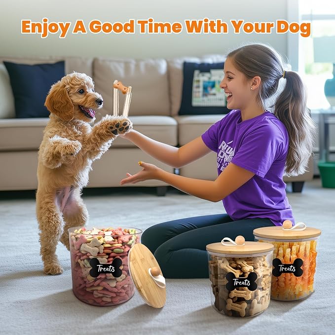 HOYTAMDAR 3 Pack Airtight Dog Treat Containers Bamboo Lids, Dog Treat Jars | Dog Food Storage Container with Scoops, Clamps, Labels and Marker, Dog & Cat Treat Holder