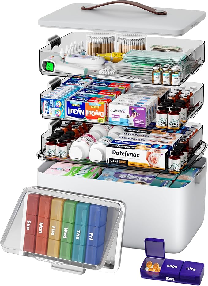 CTIME 4-Tier Extra-Large Medicine Organizer with Portable Pill Case Empty | Multipurpose Medical Box, Pill Organizer for Home Needs, Clear Visible Lids, Neatly Categorized, Home & Travel Essentials