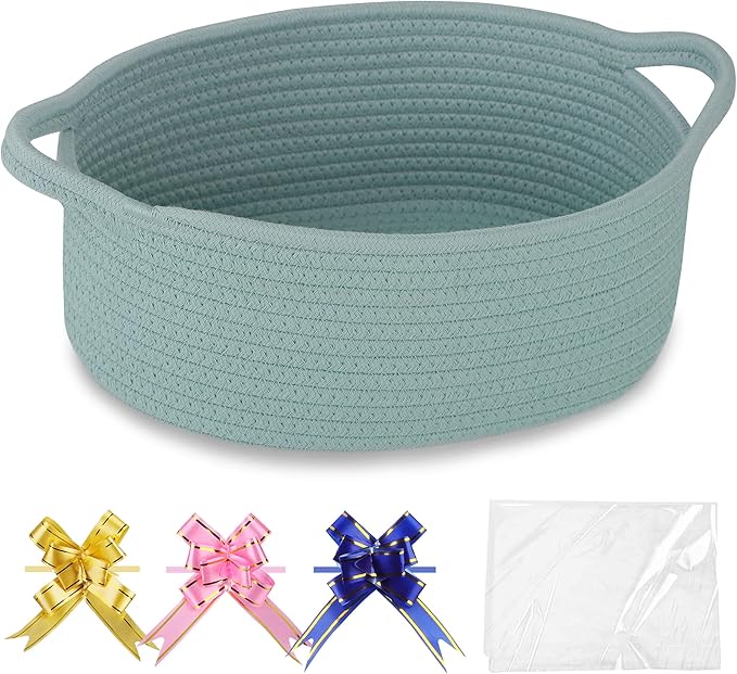 COMSE Empty Small Gift Basket with Bag & Ribbons, Light Green | Cotton Rope, 12"x 8"x 5", Baby Toy Organizer, Stores Small Items for Bedrooms, Nurseries, Bathrooms, Living Rooms, Offices