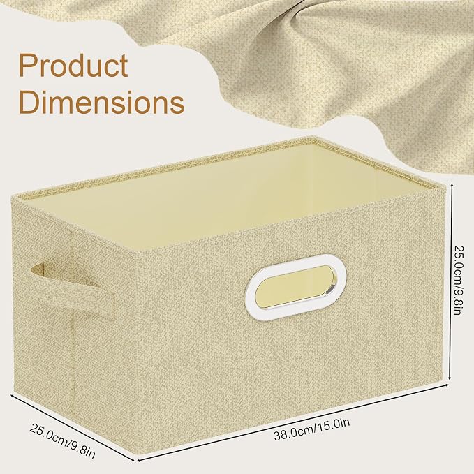 Storage Bins with Metal Grips,Grey and Beige,15x9.8x9.8in,2 Pack | Fabric Storage Baskets with Soft Cloth Handles,Thick PP Panel Wardrobe Containers,Wipeable Open Boxes for Closet Shelves