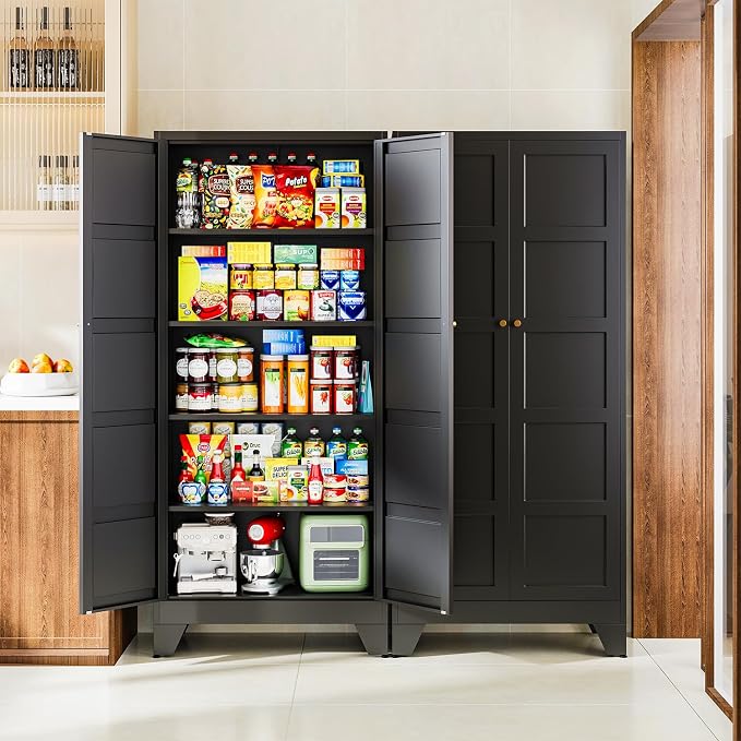 72" H Metal Storage Cabinet with 2 Doors and 4 Shelves,Tall Kitchen Pantry Cabinets,Utility Pantry Organizers for Cupboard/Dining/Bathroom/Home Office/Garage (Black, 72" H x 18" D x 33.5" W)