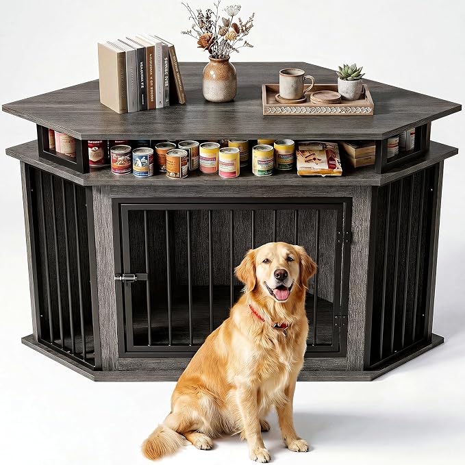IRONCK 51" Large Corner Dog Crate Furniture with 2-Tier Storage Shelves | 10mm thickened iron frame. 2-tier shelves and 200 lb top. Space-saving corner design. 26.7" L x 51.2" W x 33.5" H. Gray