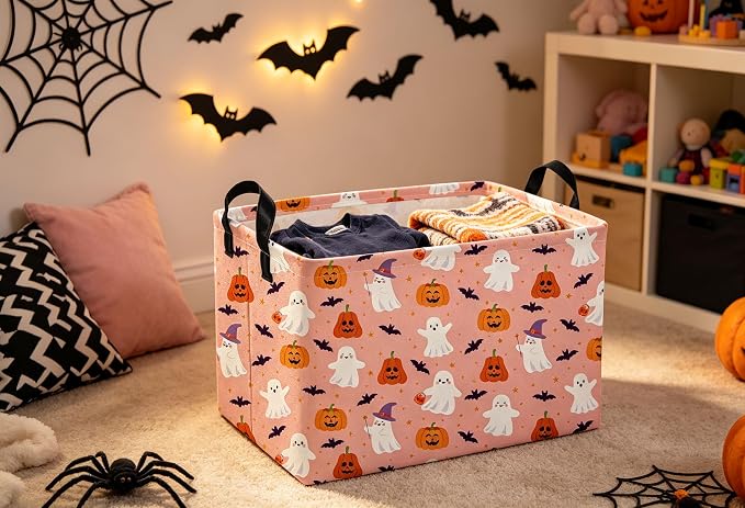 Rectangle Kids Baskets Hallowee Basket Pink Storage Bin Fish Box for Room Decor Gift Basket(Pink ghost)