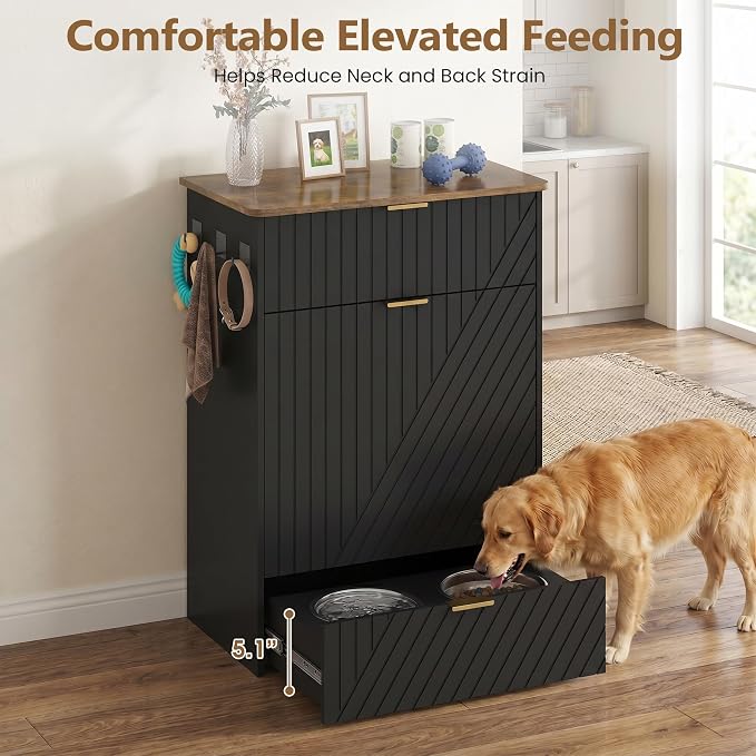 Dog Feeding Station Cabinet, Elevated Feeder Bowl, Black, Classic Panel | Slow Feeder Insert, Large food bin, Removable Divider, 3 Side Hooks, Pull-Out Drawer, Easy to Clean for Small & Middle Dogs