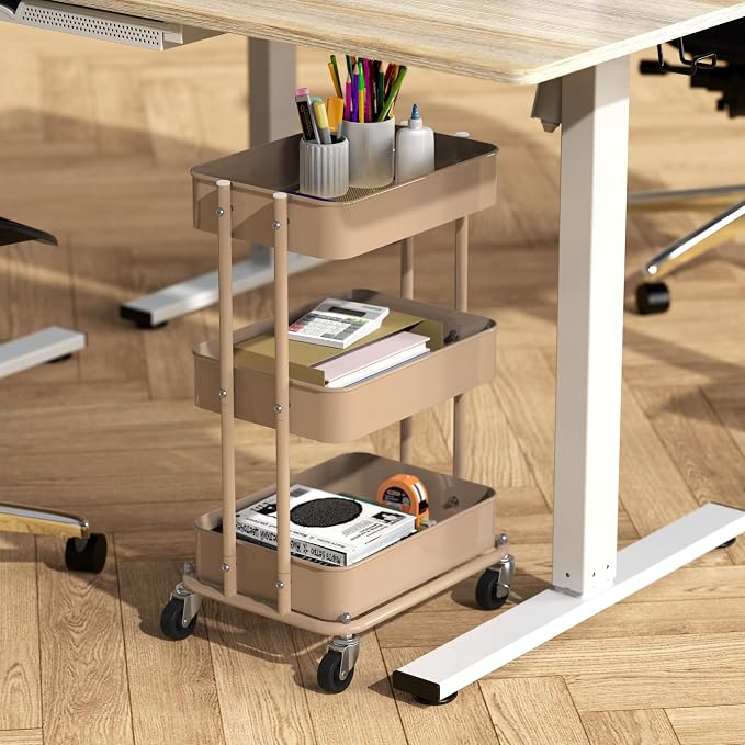 Simple Houseware 3-Tier Utility Cart, Low 24" Height Fits Under Desk, Khaki | Compact & Lower Height Great for Under-Desk Space-Saving Storage for Home Office, Dining Room, or Kitchen