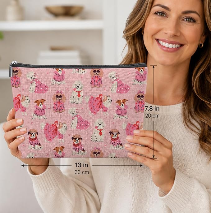 Pink Cute Dog Empty Mahjong Tile Bag 13x7.8 Inch | Pet Printed Portable Travel Case Organizer Zipper Pouch for American Mahjong Tiles Game Night Accessories and Gifts