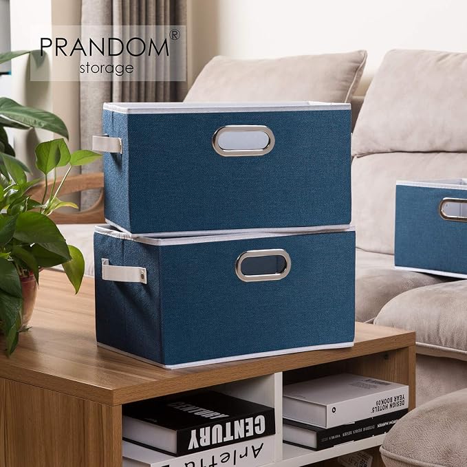 PRANDOM Fodable Storage Baskets for Closet [5-pack] Decorative Fabric Storage Bins Cubes with Leather/Metal Handles for Shelves Bedroom Living Room Royal Blue (11.5x8.5x6.7 Inch)