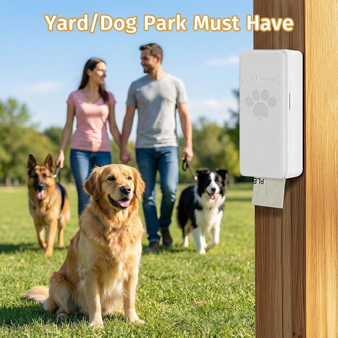 Dog Poop Bag Dispenser Wall Mount with Magnetic Lid, Quick Pull & Easy Access, White Dog Poop Bag Holder for Outdoor Yard, Includes 4 Rolls (60 Bags)