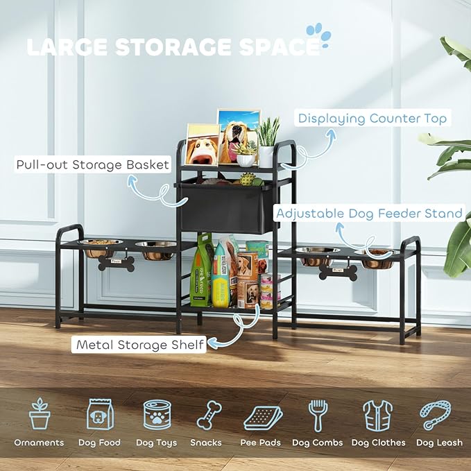 PawHut Dog Bowl Stand, 2 Feeding Stations, 3 Adjustable Heights, Black | Elevated Dog Bowls, Toy Bin Basket, Lifted Food and Water Bowl, Pet Storage Organizer, for Small, Medium, Large Pets