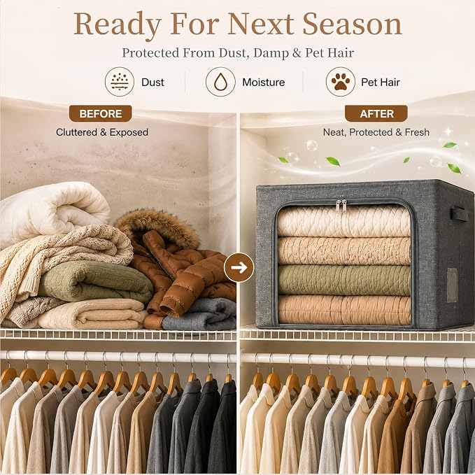 GoMaihe Clothes Storage Bins with Metal Frame for Sweaters, 40L 3-Pack Grey | Seasonal Clothes Hoodies Jeans, Closet Top Shelf Linen Closet Organizer, 3 Side Access Stackable Collapse-Proof, Clear Window