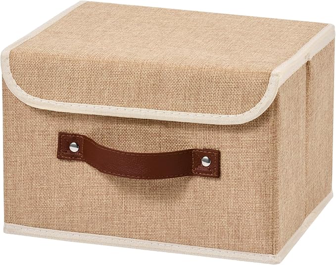 Storage Boxes with Lids Cotton Linen Fabric Bins Baskets | Decorative Collapsible Washable, Clothes Container Organizer for Closet Shelf, w/ Faux Leather Handles, Linen Color, Small