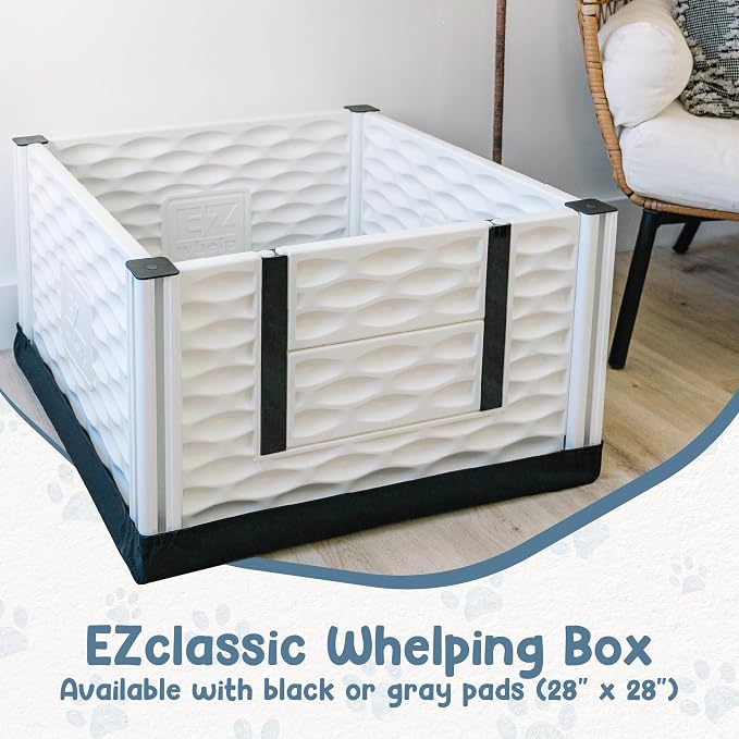 EZclassic Dog Whelping Box - Washable Pee Pad, Small 28"x28"x18" | Padded whelping box for puppy supplies and newborn care, includes protective rails and black pad for easy cleaning
