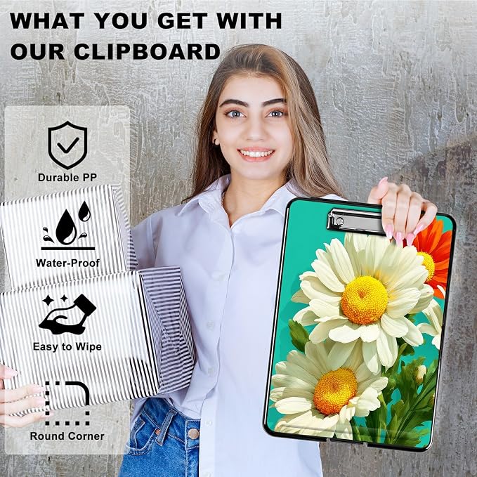 Heavy Duty Storage Clipboard, Slim Nursing Clipboard with Internal Pen Case, Portable File Organizer Case for A4 Letter Size Paper Office Medical Professionals, White Daisy