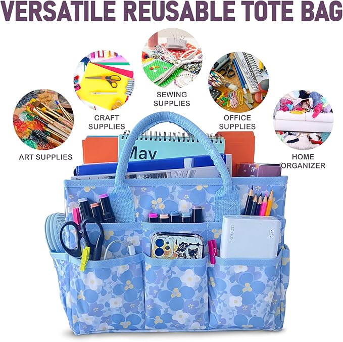Cupohus Craft Organizer Bag, Blue Print Art Supply Tote with Multiple Pockets | Portable Storage Tote for Scrapbooking, Journal, Sewing, Oxford Fabric Carrying Caddy for Teacher, Officer, Artist