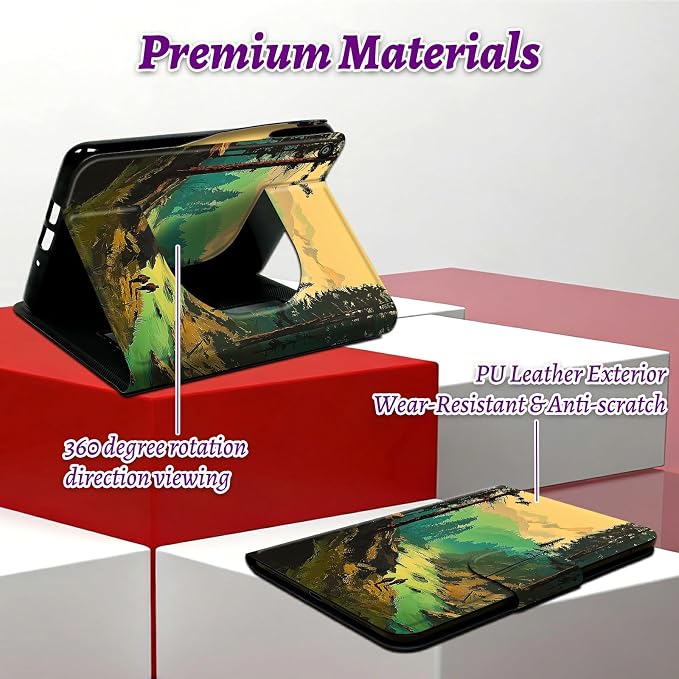 Rotating Handle Case for Samsung Galaxy Tab A8 10.5" 2022 (SM-X200/X205/X207), 360 Degree Swivel Kickstand with Magnetic Closure Shockproof Leather Cover for Women Men, Green Forest Creek