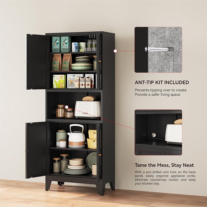 YAUWOH 69" Tall Metal Pantry Cabinet with Microwave Shelf, 4 Doors & 3 Adjustable Shelves, 120LBS Per Shelf Heavy Duty Storage Cabinet with Anti-Tip Design for Kitchen,Dining Room (1PC,Black)