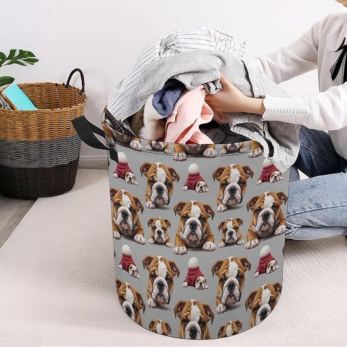 Foldable Laundry Storage with Handles English Bulldog Puppy Dog Art, Waterproof Hamper Basket for Clothing, Toys, and Home Organization
