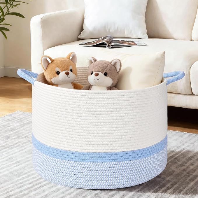 67L Large Blanket Basket, 20"x13" Blanket Basket Living Room, Woven Baskets With Handle, Toy Baskets for Blankets, Nursery, Dog, Pillow, Gift (White & Blue)