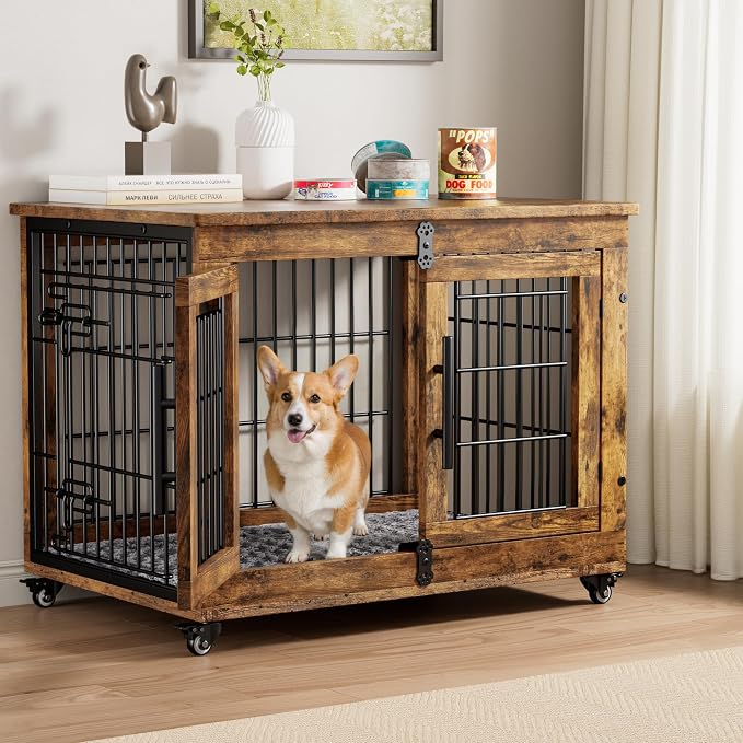 Medium Dog Crate Furniture, 32'' Heavy Duty Kennel w/Cushion & Wheels | Rustic Brown, Double Doors, Wooden Dog Cage, Chew-Resistant, End Table, Decorative, 27"/32"/38"/44" Options, Indoor