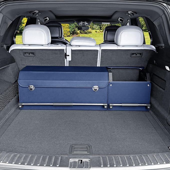 Leather Car Trunk Organizer SUV Trunk Organizer Car Trunk Storage Organizer | Large Trunk Organizer with Lid and Sturdy Handle Car Cargo Storage Box (Blue, 41 x 11.4 x 12.2in)