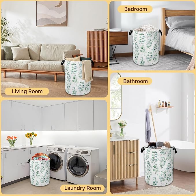 Laundry Hamper Foldable with Handles,Watercolor Eucalyptus Oxford Cloth Laundry Basket,Leaves Art Storage Organizer for Bathroom Bedroom Dorm 16"x20.8"