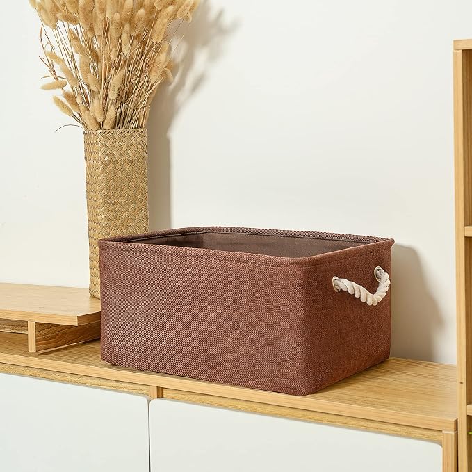 Decorative Basket Rectangular Fabric Storage Bin Organizer Basket with Handles for Clothes Storage (Brown,Large-3Pack,15.7L*11.8W*8.3H)