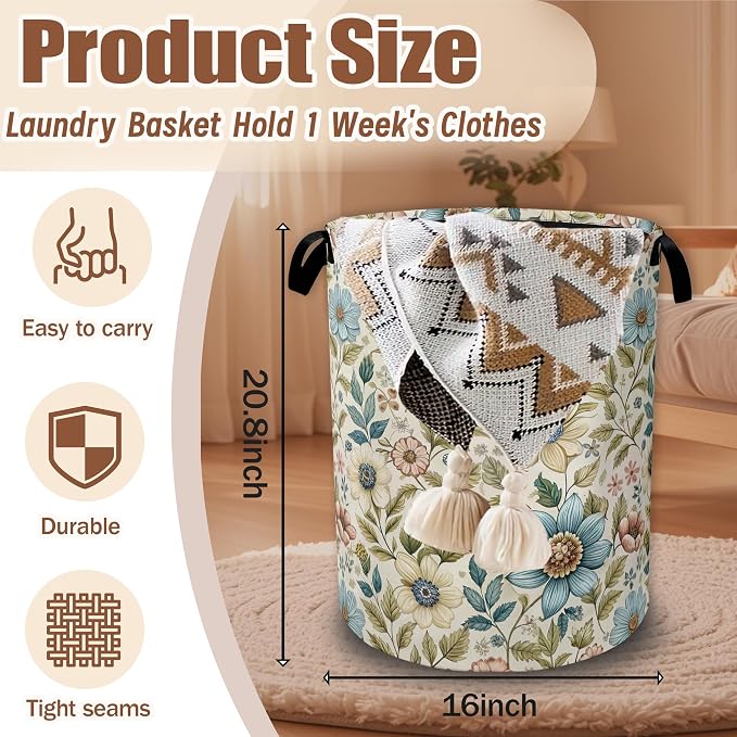 Boho Vintage Wildflower Floral Laundry Baskets,Laundry Hamper,Storage Basket with Handles for Bathroom Bedroom College Dormitory Living Room Nursery Organizer 16"x20.8"