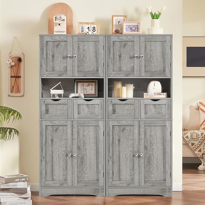 TEENFON 57.8" H Tall Storage Cabinet with 2 Drawers & 2 Adjustable Shelves, Bathroom Storage Cabinet with 4 Doors, Floor Cupboard, for Living Room, Dining Room, Entryway, Woodgrain Gray