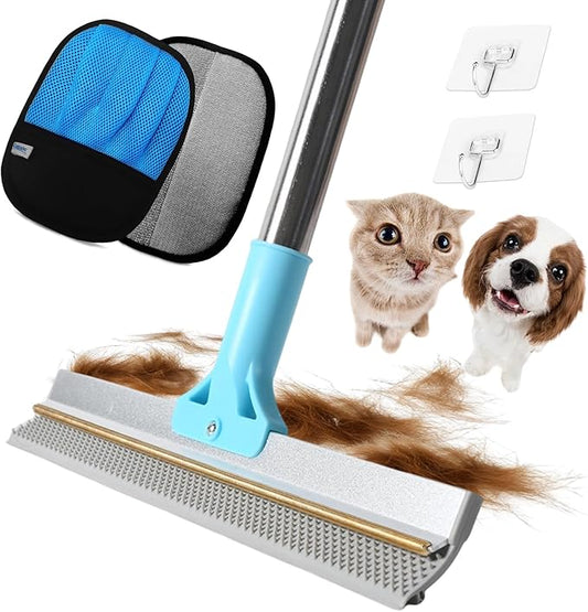 Carpet Rake for Pet Hair Removal, 54" Adjustable Long Handle 3 in 1 Carpet Rake & Pet Hair Removal Gloves for Cat Dog Fur Remover for Carpets, Rugs, Mats and Furniture(with 2 Hooks)