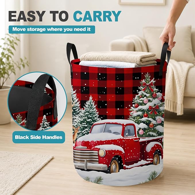 Christmas Red Truck Collapsible Laundry Hamper,Winter Deer Waterproof Oxford Cloth Clothes Basket with Handles for Bathroom Bedroom Nursery Dorm Room,16" x 20"