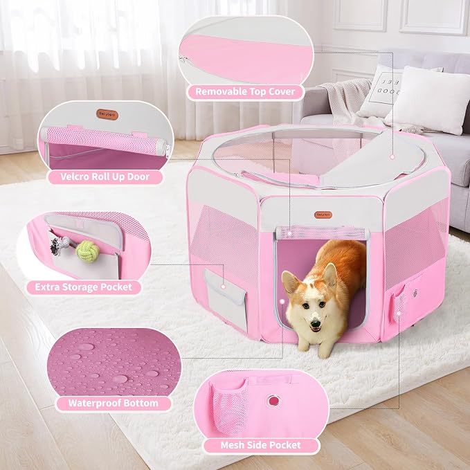Seiyierr Dog Playpen, Portable Pet Play Pen Foldable Carrying Case, Puppy Pens Outsid for Small Cat Indoor/Outdoor, Removable Mesh Shade Cover