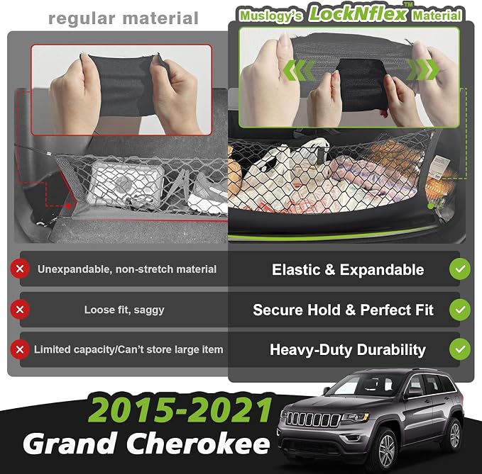 Muslogy Cargo Net for 2015-2021 Jeep Grand Cherokee Accessories (WK2 ONLY) | Custom Fit, Trunk Storage Organizer Net for SUV Sedan Van Divider, with Heavy Duty Carabiners, Night Visible Grab Handle