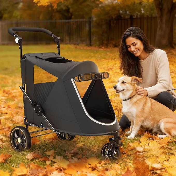 Magshion Pet Stroller for Medium Large Dog, 3-Wheel Foldable Jogger, Black | All-Terrain with Adjustable Handle, Dual Entry, Rear Storage, Breathable Mesh, One-Foot Brake, Up to 55 lbs