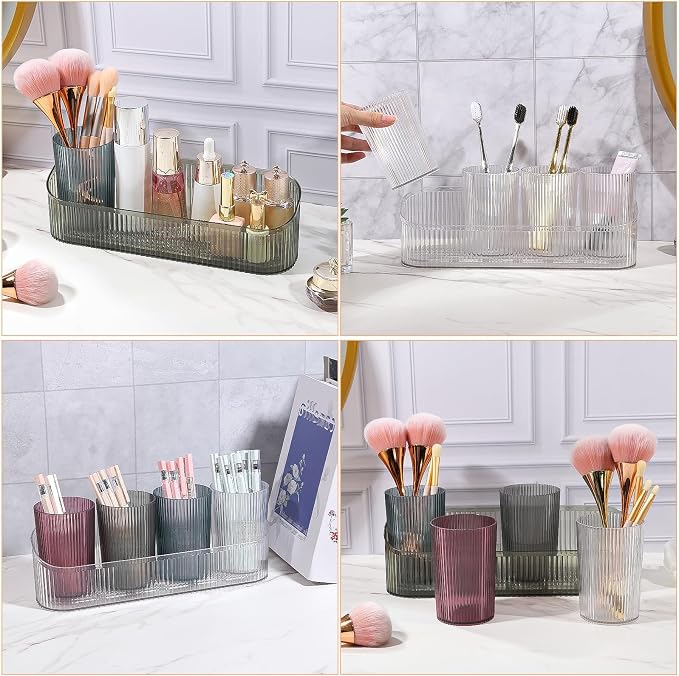 DASITON Makeup Brush Holder Organizer with 4 Cup, Vintage Striped Make Up Brush Holder for Vanity, Bathroom Toothbrush Holders, Acrylic Cosmetic Brushes Storage Organizer Pen Holder (Clear+Clear)