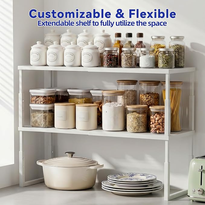 2 Packs Expandable Cabinet Shelf Organizer, Stackable Countertop Shelves | 15.8''- 25.5'' In Cabinet Shelf, Adjustable Kitchen Cabinet Organizer for Pantry Organizer, CupBoard Organizers and Storage