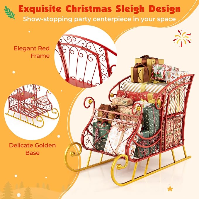 Metal Santa Sleigh, Red Christmas Decoration Sleigh Cart w/ 2-Tier Large Cargo Area for Present, Santa’s Gift Sleigh for Home Lawn Yard, Outdoor Christmas Sleigh Basket for Holiday (Hollow)
